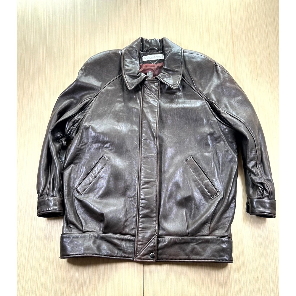 Andrew Marc Leather Jacket Mens‎ Large Brown Lined Raglan Sleeve Outdoor Winter